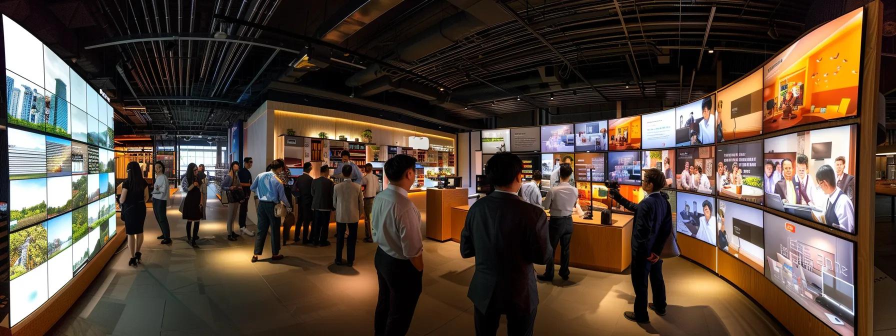 a modern office setting featuring a diverse group of professionals engaging in a dynamic brainstorming session, surrounded by digital screens displaying webinar insights and strategies for future audience engagement.