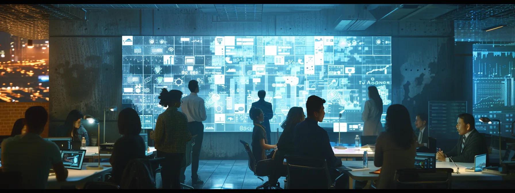 a modern office setting showcasing a diverse group of professionals engaged in a collaborative meeting, surrounded by sleek technology and visual aids, as they outline a strategic plan on a digital whiteboard for transitioning to cost-effective conferencing tools.