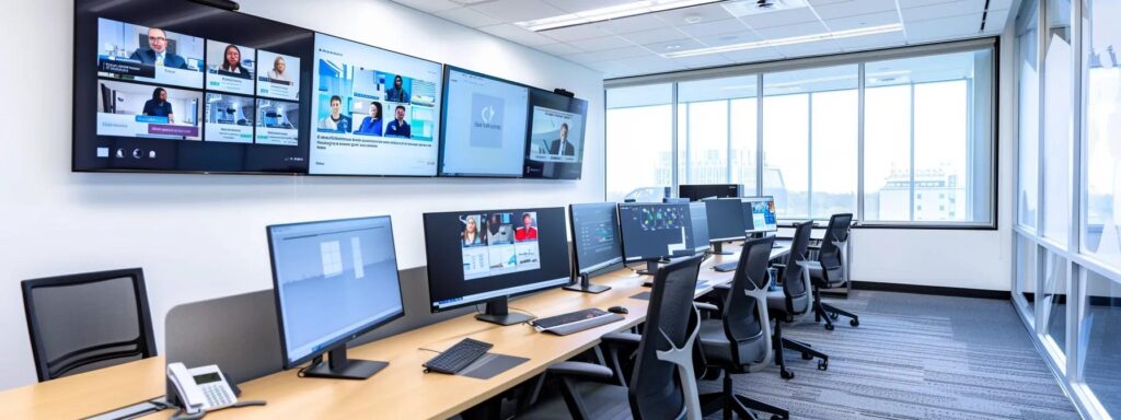 a modern office setting showcases a sleek video conferencing setup with multiple screens displaying user-friendly interfaces of top encrypted telehealth tools, highlighting their advanced encryption features and integration capabilities in a high-tech healthcare environment.