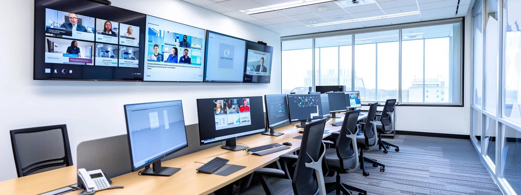 a modern office setting showcases a sleek video conferencing setup with multiple screens displaying user-friendly interfaces of top encrypted telehealth tools, highlighting their advanced encryption features and integration capabilities in a high-tech healthcare environment.