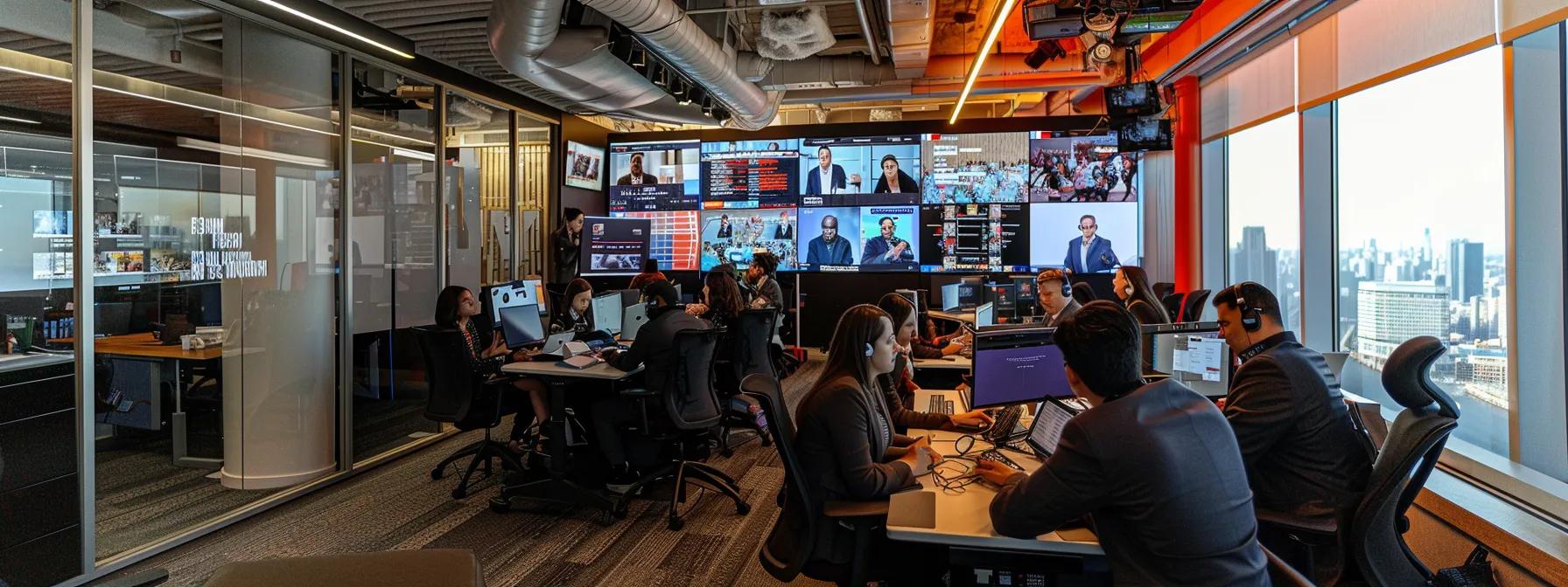 a modern office setting showcases a diverse group of webinar participants engaged in a live virtual presentation, with visible technical equipment and screens displaying interactive features, emphasizing the importance of platform reliability and audience engagement challenges.