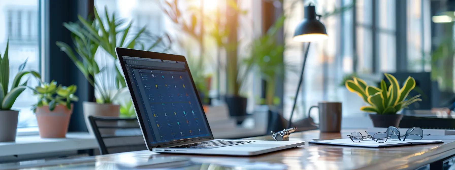 a modern office setting showcases a sleek laptop displaying an interactive otter ai interface alongside a zoom meeting in progress, emphasizing the dynamic efficiency of real-time transcription and seamless information capture.