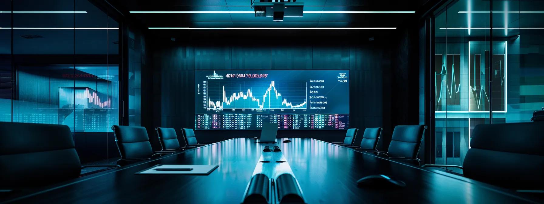 a modern office space features a sleek conference table with a large digital screen displaying budget planning charts and webinar platform comparisons, illuminated by cool artificial lighting to emphasize a professional atmosphere focused on strategic investment decisions.