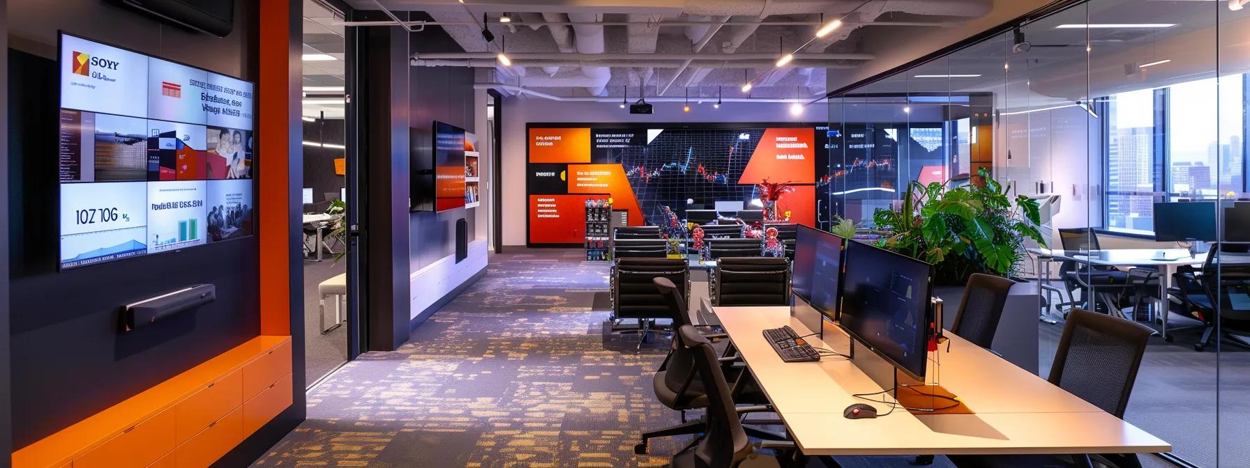 a modern office space features a sleek computer setup displaying a vibrant webinar interface, showcasing engaging graphics and data analytics, symbolizing the efficient and cost-effective nature of aonmeetings' platform as a tool for enhancing business performance and roi.