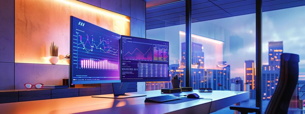a modern office space featuring a sleek monitor displaying vibrant analytics dashboards, showcasing real-time webinar metrics and engagement graphs, illuminated by soft, focused lighting to emphasize the high-tech environment.
