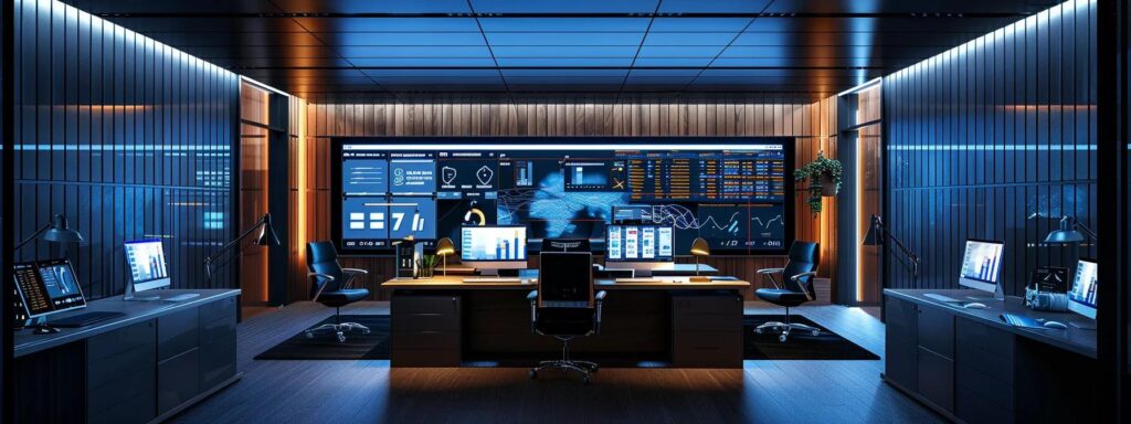 a modern office space featuring a sleek computer setup displaying a comprehensive marketing dashboard, with vibrant graphs and data visualizations that illustrate the integration of webinar platforms and automation tools for optimizing marketing performance.
