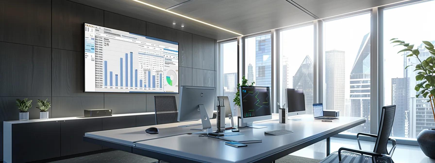 a modern office workspace features a sleek computer setup displaying a budgeting spreadsheet for a webinar platform, emphasizing strategic financial planning with vibrant graphs and transparent cost calculators on screen.