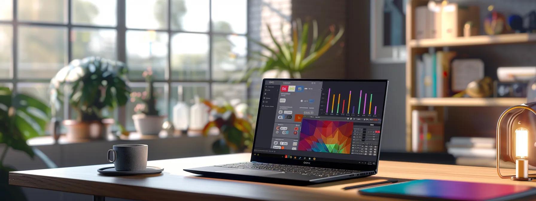 a modern office workspace showcases a sleek laptop with an engaging webinar platform interface on the screen, surrounded by vibrant charts and cost analysis documents, emphasizing clear pricing structures tailored for beginner hosts.