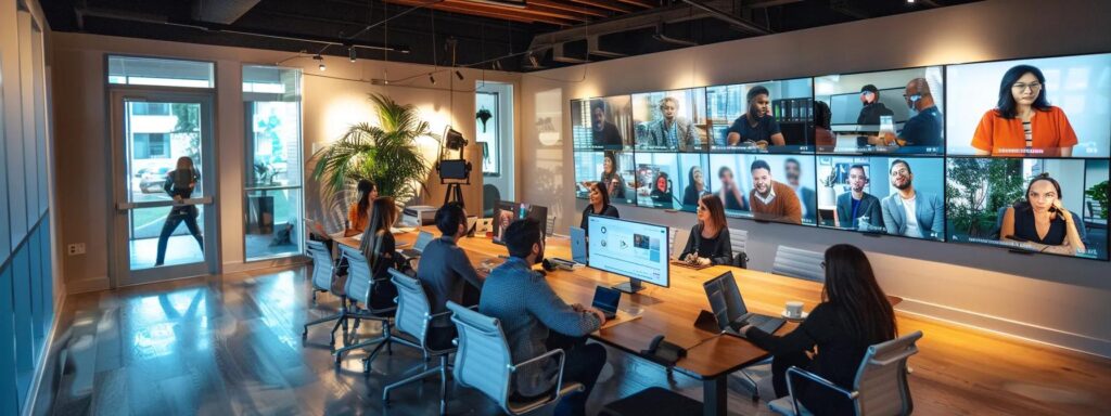 a modern, sleek office environment is illuminated by soft artificial lighting, showcasing a diverse team engaged in a virtual meeting via zoom while otter ai's interface displays real-time transcription and note-taking features on their screens, highlighting the seamless integration of technology for enhanced productivity.