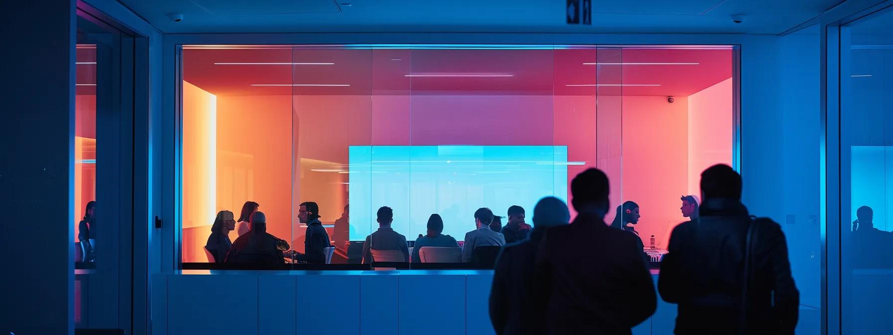 a modern, sleek office space with a focused team gathered around a digital display, actively engaging in a lead nurturing strategy session, illuminated by ambient lighting that emphasizes their collaborative energy and commitment to long-term customer engagement.
