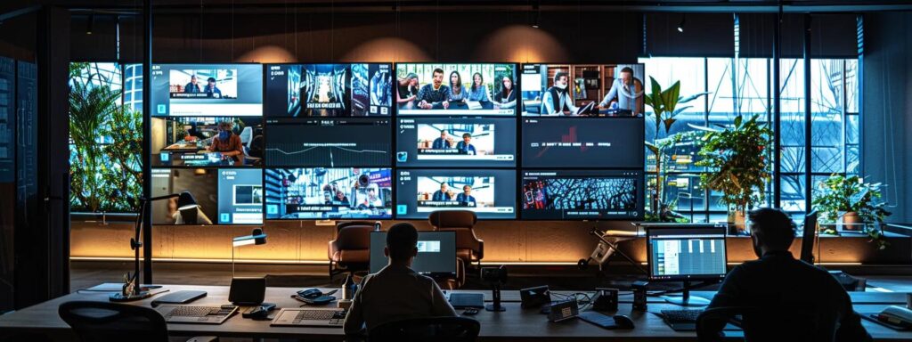 a modern, tech-savvy office environment showcases multiple screens displaying a dynamic webinar interface, with diverse participants engaged in interactive features like video streaming and digital whiteboards, emphasizing the advanced capabilities of the aonmeetings platform.