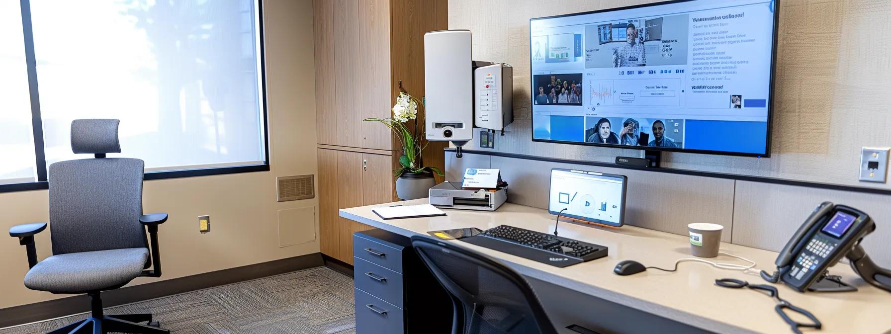a modern telehealth consultation setup featuring a sleek, secure video conferencing system with a professional, focused atmosphere that emphasizes confidentiality and compliance with hipaa regulations.