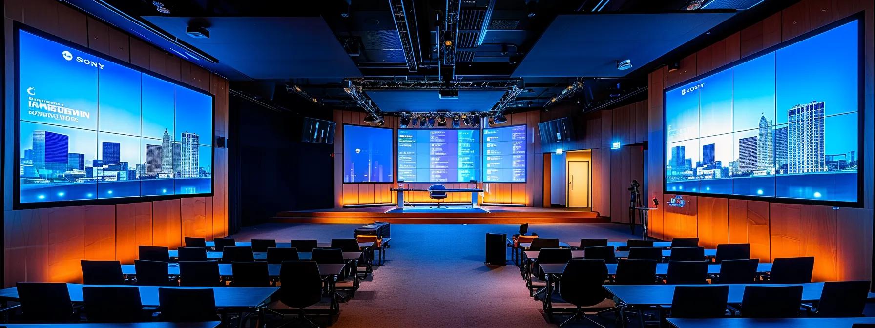 a modern webinar setup features a sleek, high-tech room with large screens displaying dynamic analytics and customizable backgrounds, emphasizing the innovative engagement tools of aonmeetings.