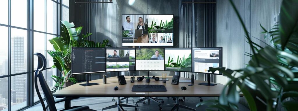a modern webinar setup featuring a sleek, high-tech interface displayed on multiple screens, highlighting user-friendly features like real-time chat support and drag-and-drop content management, set against a polished office backdrop that emphasizes innovation and engagement.