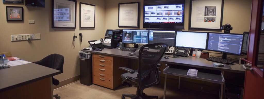 a professional office environment features a sleek computer setup displaying a secure video platform interface, emphasizing the importance of functionality and compliance in telehealth services.