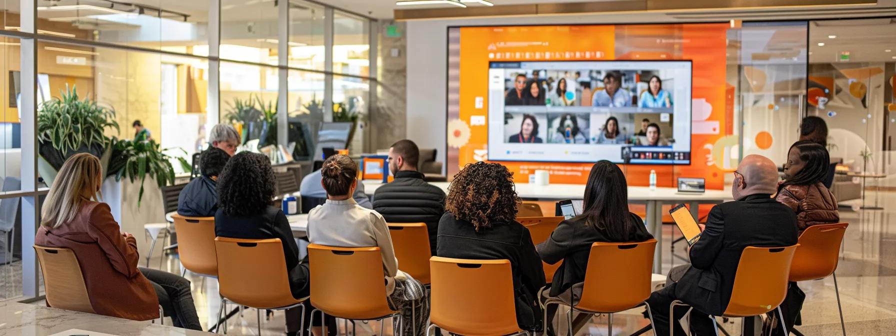 a sleek and modern office setting features a diverse group of small business owners engaged in an interactive webinar, with dynamic visuals on a large screen showcasing user-friendly interfaces and audience engagement tools like live polls and q&a sessions.