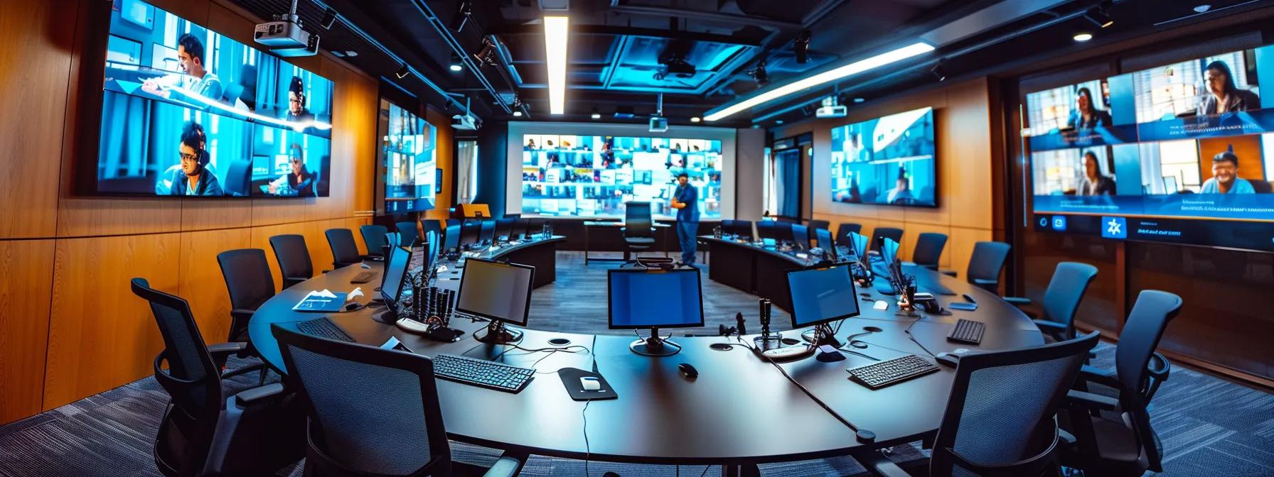a sleek, modern conference room equipped with high-tech webinar tools displaying a vibrant online event in progress, showcasing engaged participants on multiple screens, symbolizing the strength of professional digital branding and impactful audience connection.