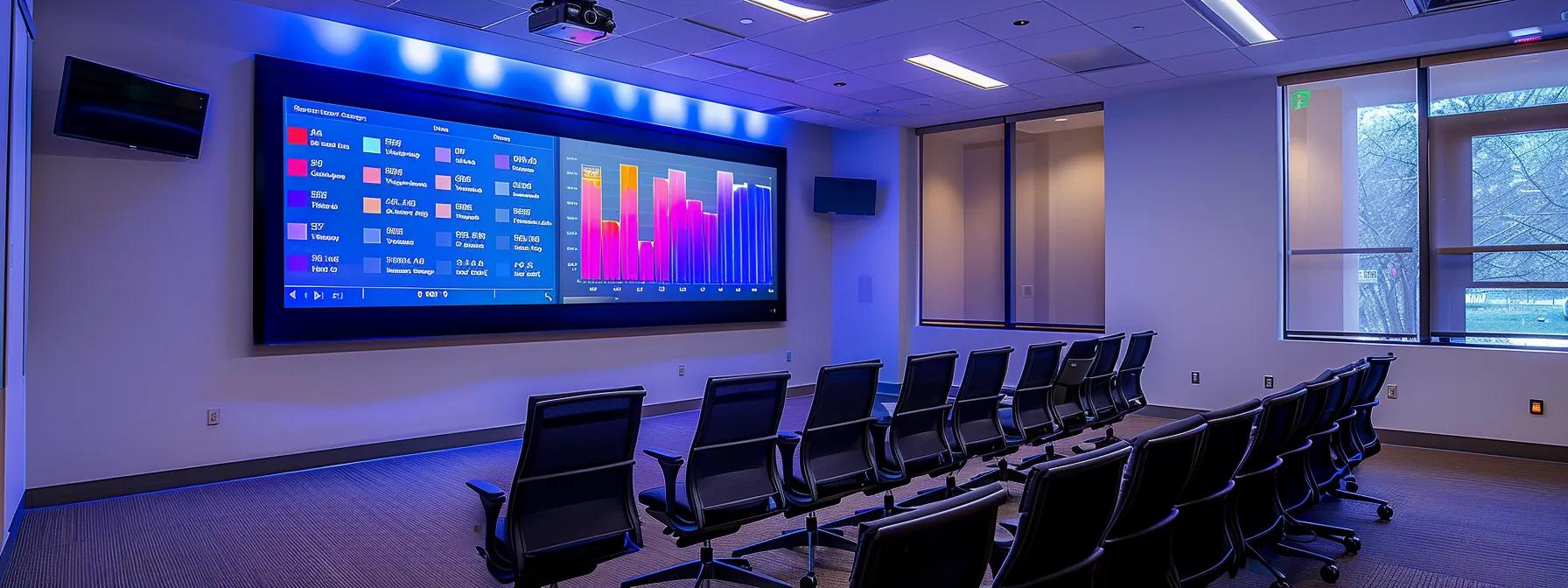 a sleek, modern conference room featuring a large interactive display showcasing a vibrant graph of webinar platform pricing variations, with elegantly arranged chairs and ambient lighting that conveys a professional atmosphere for in-depth analysis.