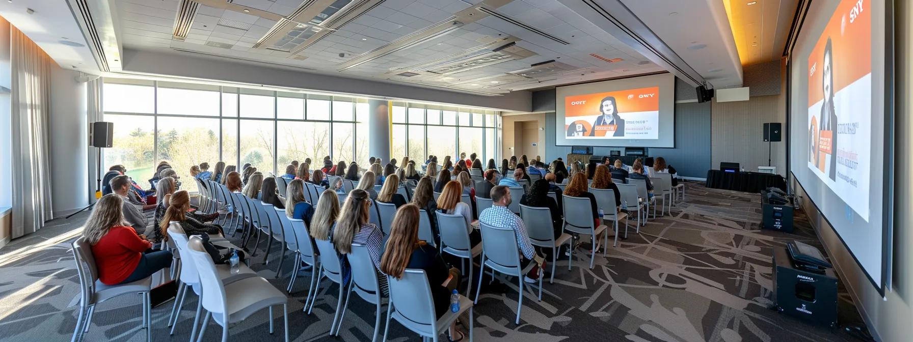 a sleek, modern conference room filled with engaged professionals participating in a dynamic webinar session on a large screen, highlighting the effectiveness of affordable webinar solutions in enhancing user engagement and marketing initiatives.