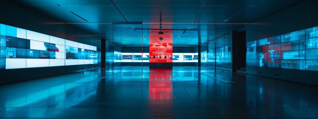 a sleek, modern conference room equipped with advanced digital screens displays security protocols and virtual meeting interfaces, illuminated by soft, ambient lighting that reflects a commitment to data protection against unauthorized access.