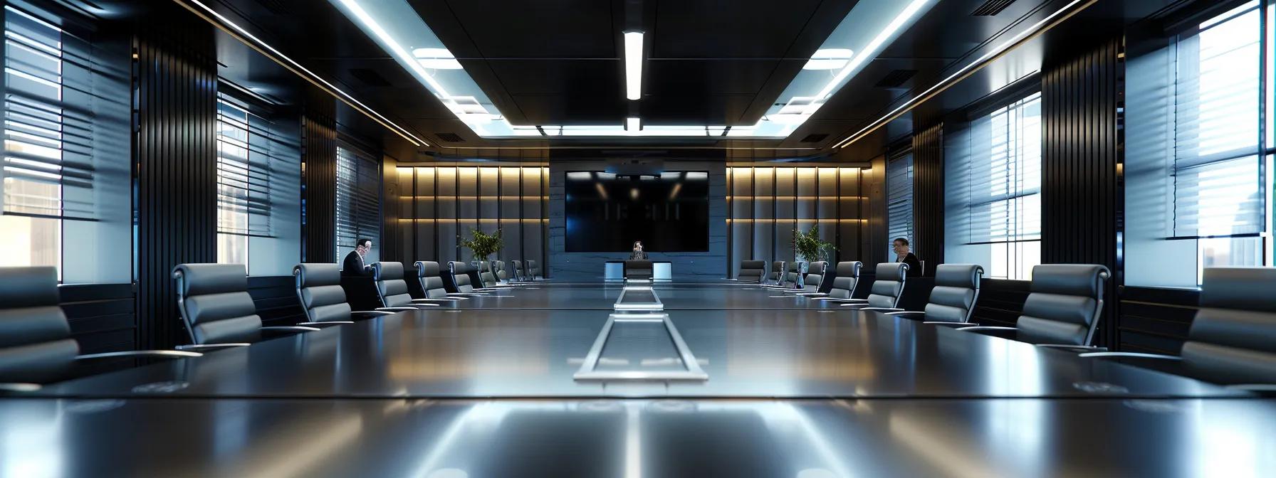 a sleek, modern conference room filled with state-of-the-art technology, showcasing an engaging webinar presentation on a large screen, with a diverse group of professionals intently interacting and collaborating around a polished table.