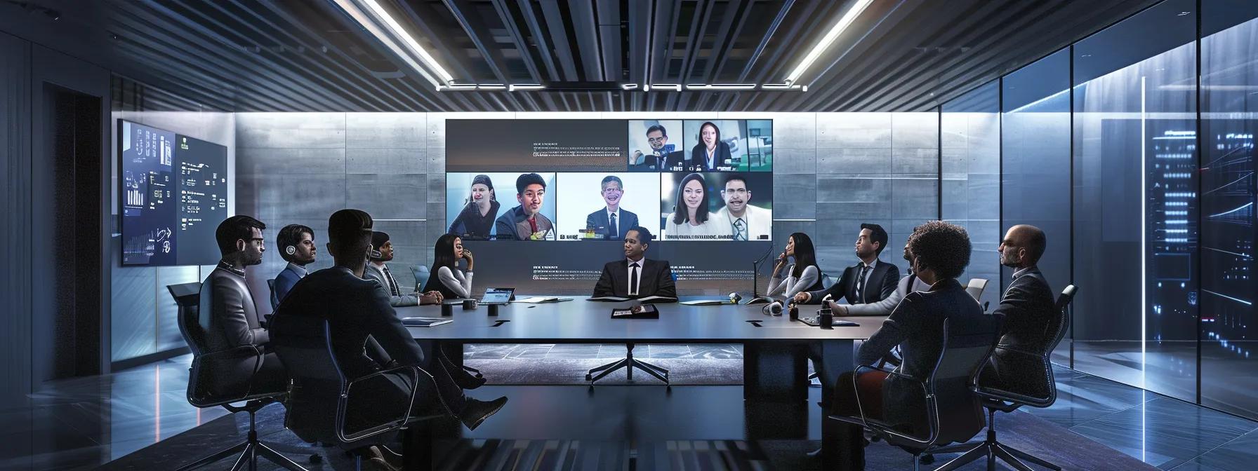 a sleek, modern conference room featuring a large, high-resolution screen displaying a dynamic video call interface, with diverse participants engaged in discussion, illuminated by bright overhead lights that emphasize the room’s professional atmosphere.