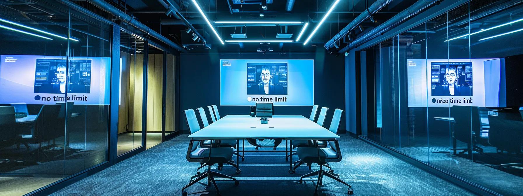 a sleek, modern conference room is illuminated by bright overhead lights, featuring a large screen displaying a seamless video call interface, embodying the concept of