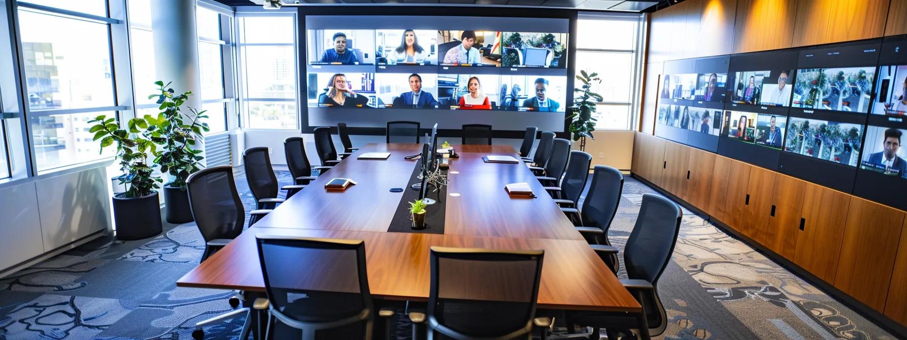 a sleek, modern conference room filled with diverse professionals engaging in a video meeting on a large screen, showcasing an array of cost-effective video conferencing tools and vibrant digital displays.
