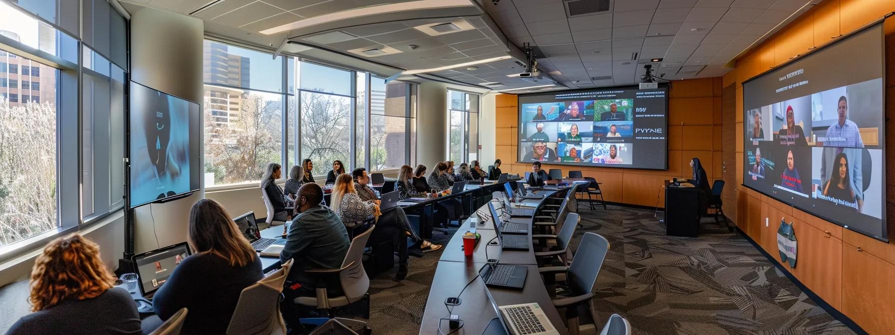 a sleek, modern conference room filled with diverse professionals engaged in an animated discussion, laptops open and video platforms displayed on screens, highlighting the evaluation of hipaa-compliant video communication solutions.