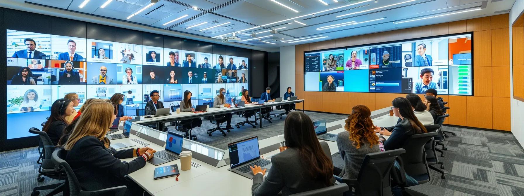 a sleek, modern conference room filled with professionals engaging in an interactive zoom video webinar, featuring high-definition displays, vibrant visual data presentations, and participants utilizing breakout rooms, all illuminated by focused ambient lighting that enhances the tech-savvy atmosphere.