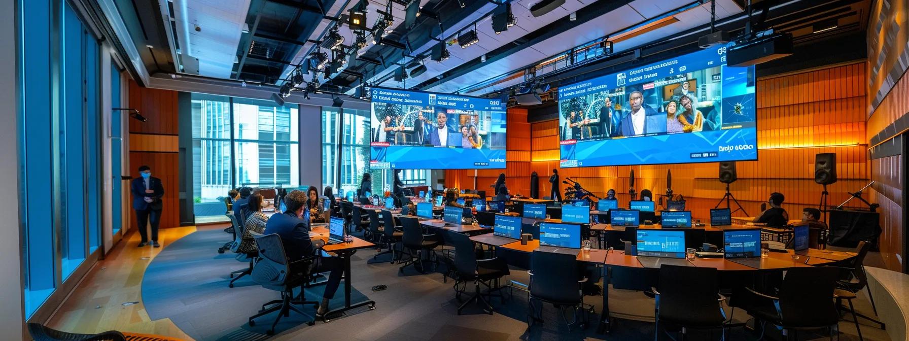 a sleek, modern conference room filled with high-tech screens displaying real-time analytics and statistics, showcasing a dynamic webinar session in progress with engaged participants participating from around the globe.