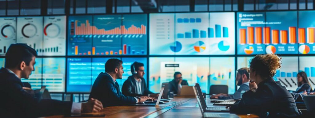 a sleek, modern conference room is filled with professionals intently analyzing vibrant digital dashboards that display performance metrics and webinar engagement statistics on large screens, showcasing the strategic importance of data-driven decisions in enhancing webinar success.