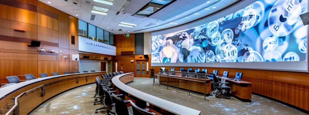 a sleek, modern healthcare conference room filled with professionals engaged in a video call, flanked by visually striking graphics of legal regulations and compliance standards, conveying a serious commitment to secure patient communication.