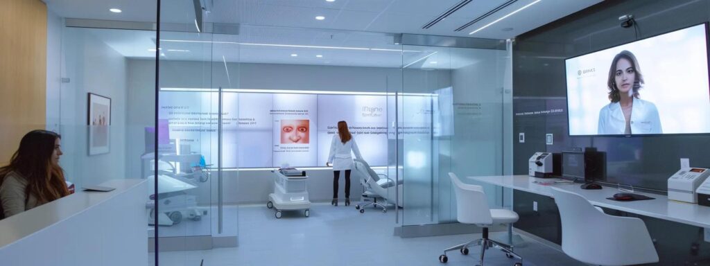 a sleek, modern healthcare office features a state-of-the-art secure video consultation setup, illuminated by soft artificial lighting, showcasing clear digital interfaces and stringent authentication devices that exemplify patient privacy and compliance standards.