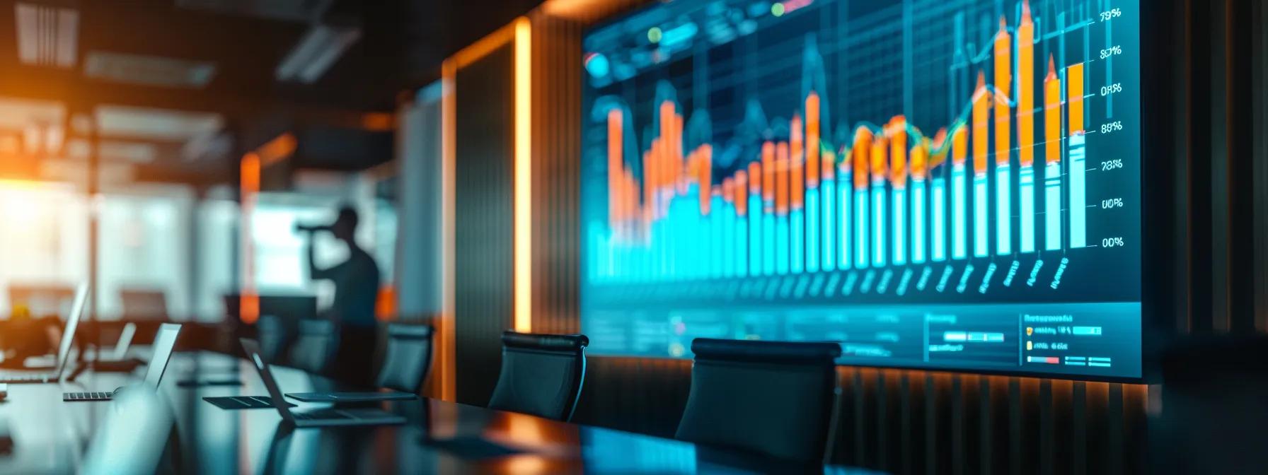 a sleek, modern office boardroom features a large digital display showcasing a comparative chart of webinar platforms, with a confident professional presenting the advantages of cost-effective solutions over higher-cost alternatives, illuminated by focused overhead lighting.