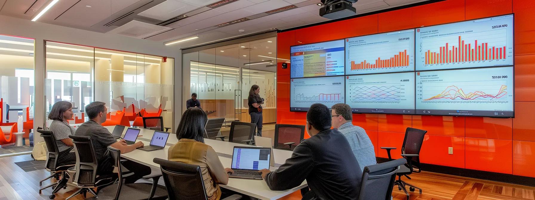 a sleek, modern office conference room showcases a diverse group of professionals engaging with a large screen displaying dynamic graphs and case study results, illustrating the effectiveness of various webinar platforms.