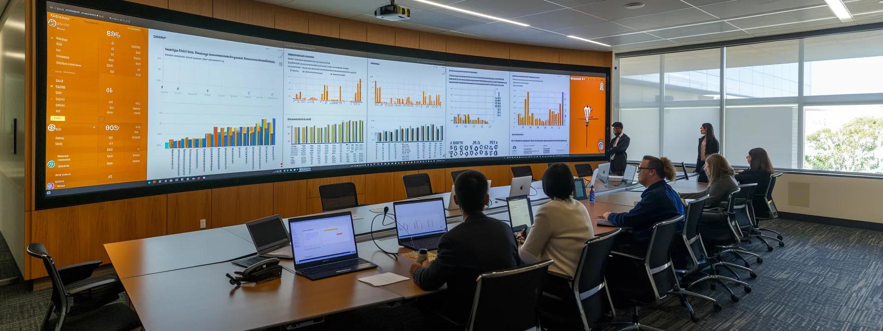 a sleek modern office conference room displays a large digital screen showcasing a cost-efficiency analysis chart for affordable webinar platforms, with professional individuals engaged in a discussion around a polished conference table.