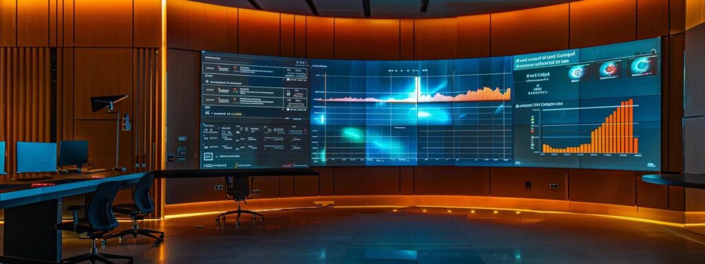 a sleek modern office environment showcases a large screen displaying a comparison chart of webinar platforms, surrounded by engaged professionals analyzing features and discussing strategies for enhancing audience interaction.