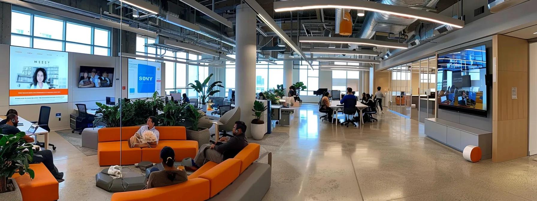 a sleek, modern office environment showcases a diverse group of professionals engaged in a dynamic webinar session, with vivid displays featuring the aonmeetings platform's user-friendly interface and integrated marketing tools, highlighting the cost-effective solutions for enhancing online engagement and efficiency.