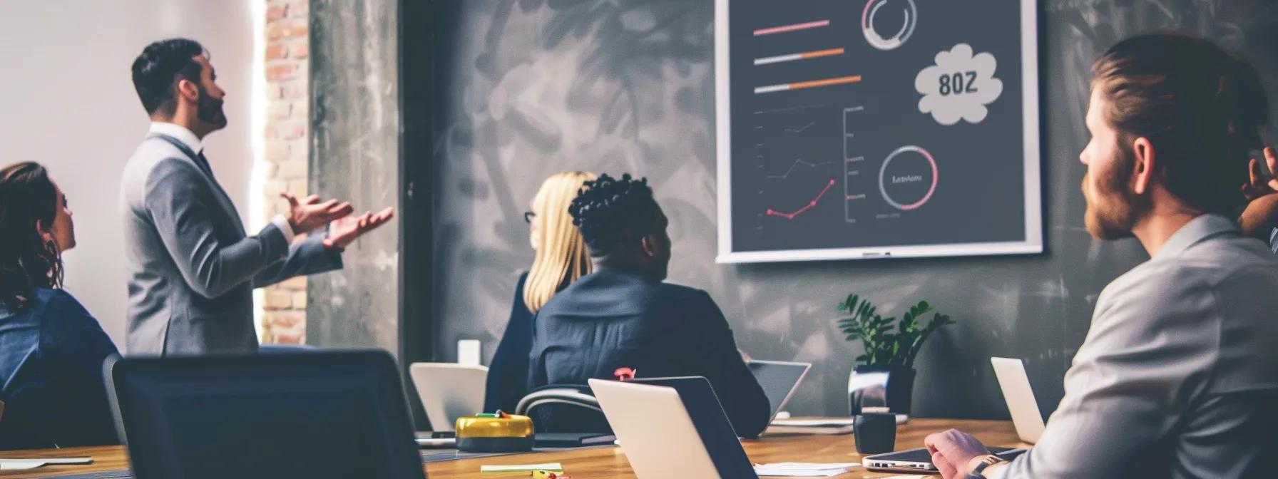 a sleek, modern office environment features a large digital screen displaying a vibrant infographic of webinar cost breakdowns, with professionals seated around a conference table engaged in an animated discussion about budget-friendly solutions and interactive tools.