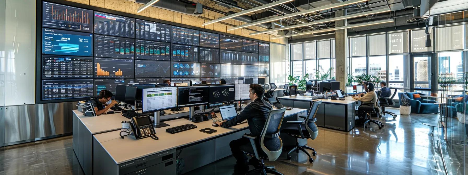 a sleek, modern office environment with a diverse team analyzing data on large screens, showcasing a detailed comparison of webinar platform pricing factors, highlighted by dynamic graphs and user interface designs.