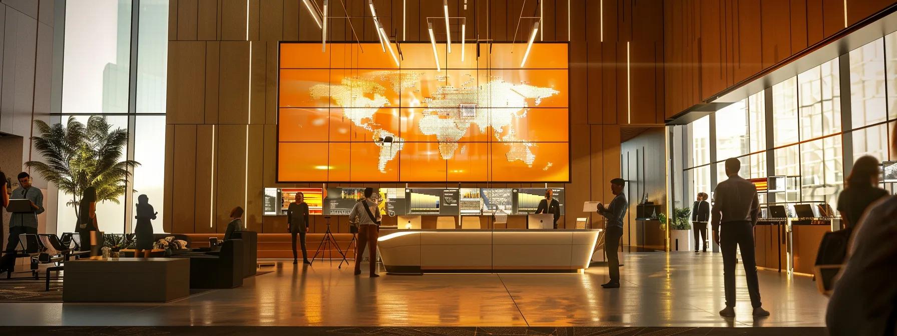 a sleek, modern office environment showcases a professional team engaged around high-tech screens displaying an intuitive dashboard, highlighting seamless user experience tools like live polls and q&a modules in a vibrant, interactive workspace.