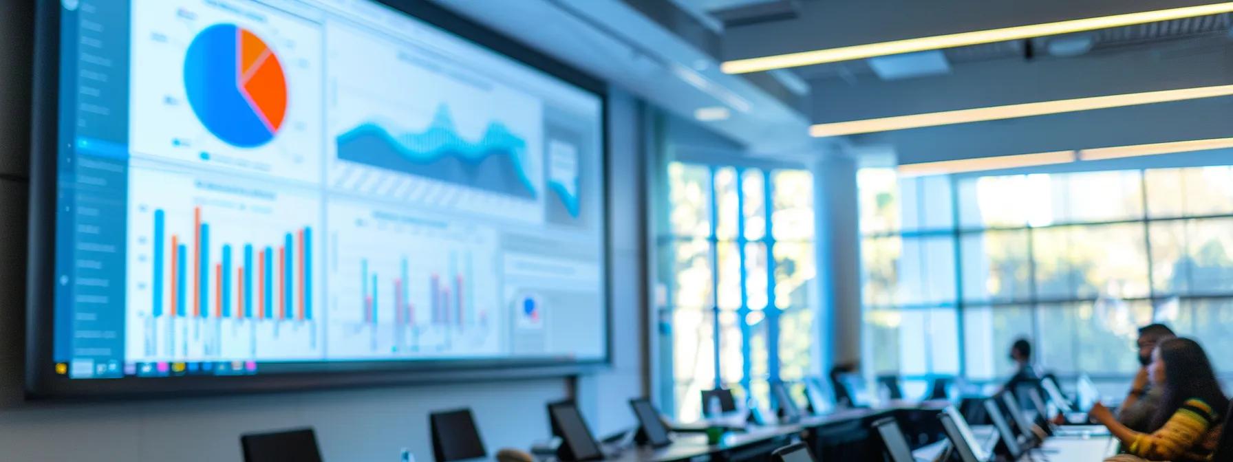 a sleek, modern office environment showcases a large digital screen displaying a detailed cost comparison chart of leading webinar platforms, with professionals engaged in a dynamic discussion surrounding technology-driven solutions.