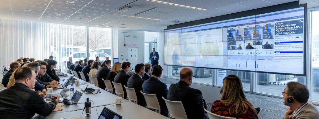 a sleek, modern office filled with focused professionals engaged in a dynamic discussion around a large screen displaying a detailed cost-benefit analysis of various webinar solutions, highlighting key metrics and outcomes to inform strategic decisions.
