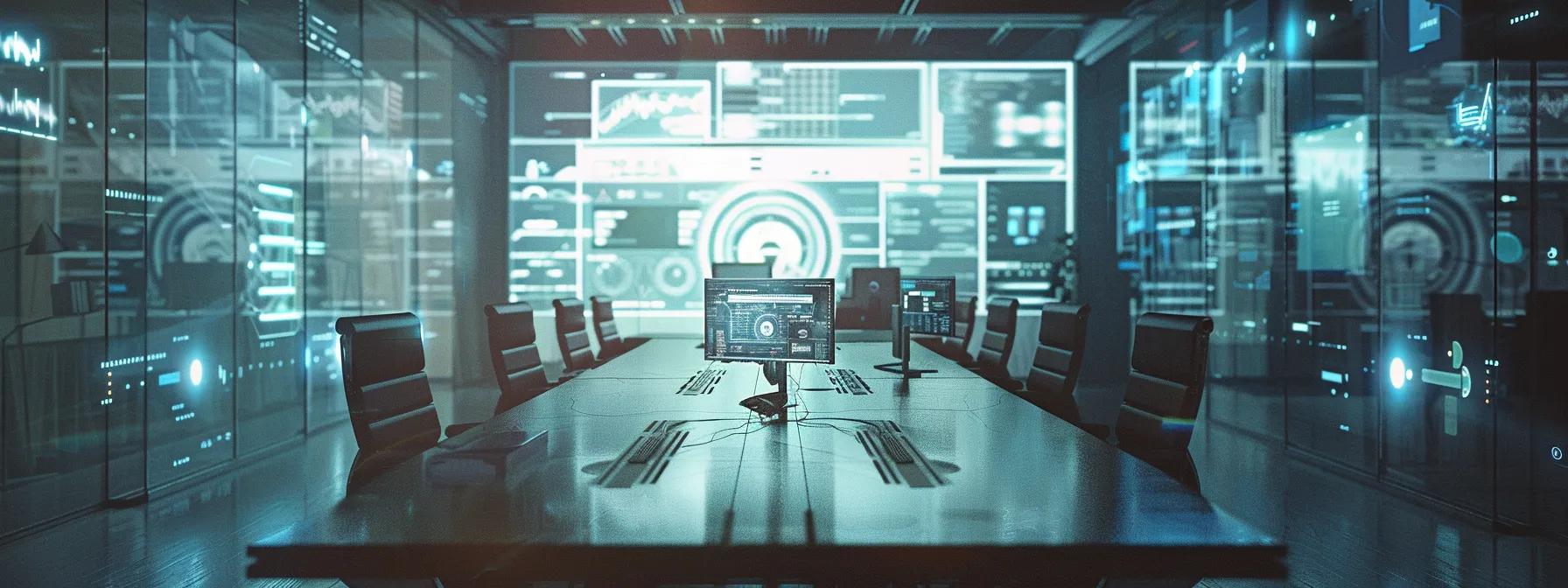 a sleek, modern office interior showcases a high-tech video conferencing setup on a polished conference table, with digital security graphics displayed prominently on screens, emphasizing the vital importance of hipaa compliance in safeguarding patient health information.