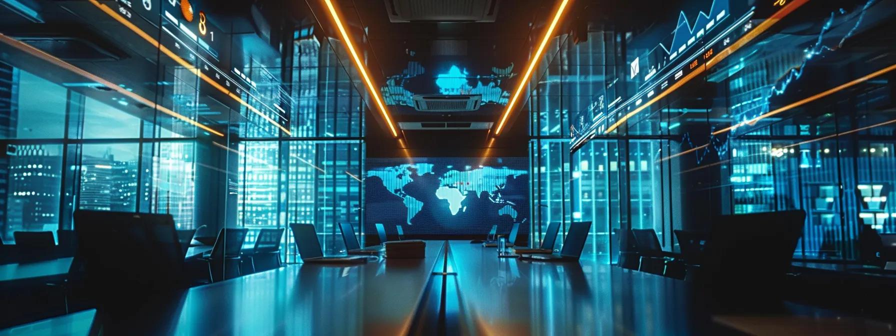 a sleek, modern office interior features a large screen displaying a dynamic zoom webinar interface while engaged participants interact via laptops and mobile devices, highlighting the platform's user-friendly design and advanced features in a professional atmosphere.