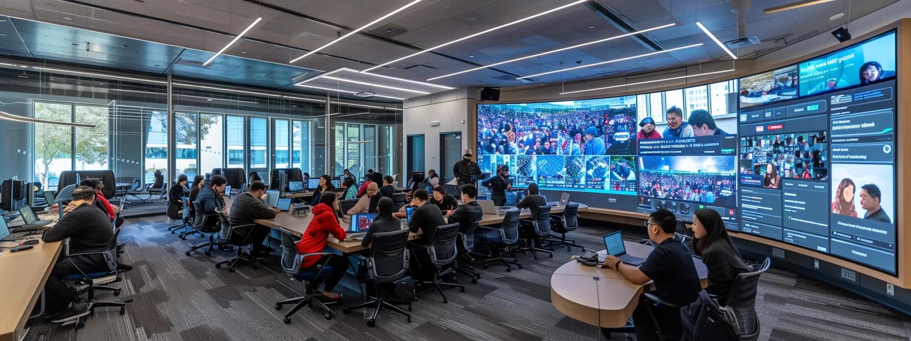 a sleek, modern office setting showcases a diverse group of professionals engaging collaboratively over a large digital screen displaying vibrant interactive webinar tools like live polls and chat features, emphasizing the high-tech environment of a premium webinar platform.