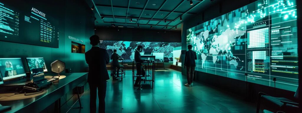 a sleek, modern office space is filled with professionals engaging around a large screen displaying dynamic graphs and data on webinar platform pricing trends, illuminated by soft, ambient lighting that emphasizes a forward-thinking atmosphere.