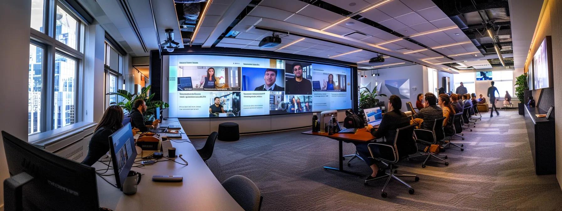 a sleek, modern office space with a minimalist design features a large screen displaying a streamlined webinar platform interface, surrounded by tech-savvy individuals engaged in a productive discussion about affordable online communication solutions.