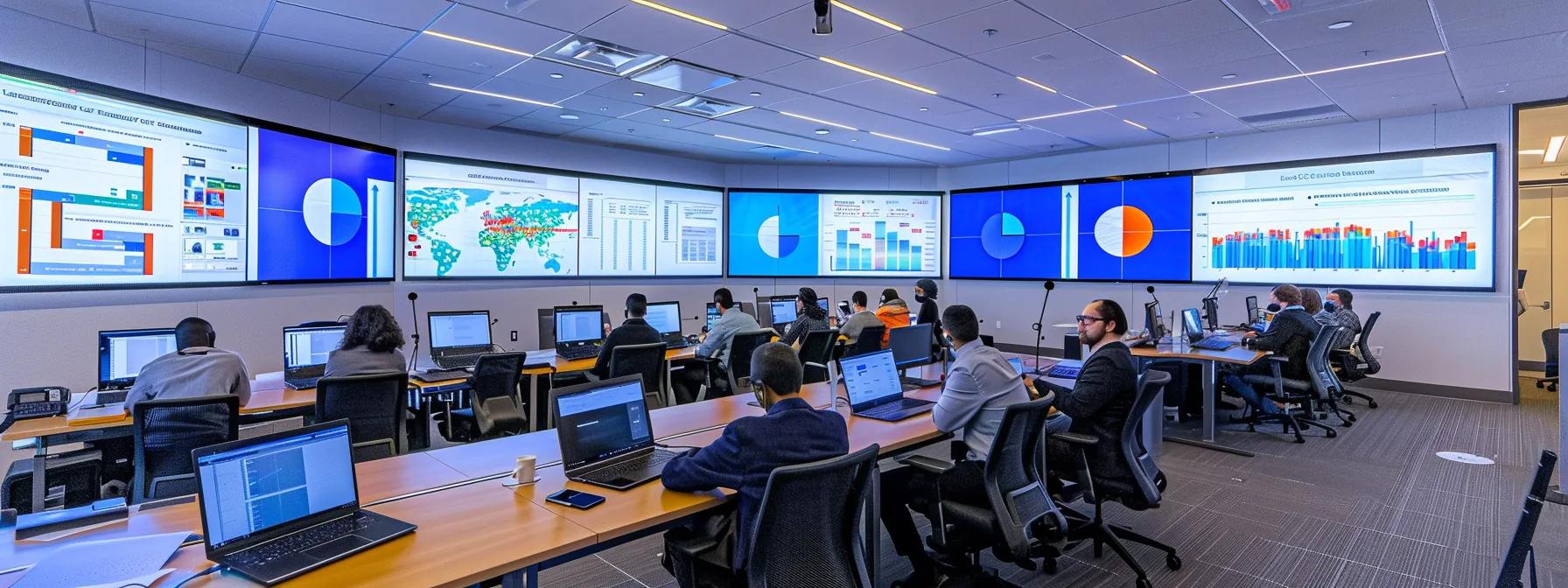 a sleek, modern office with a diverse group of professionals engaged in a video conference, surrounded by high-tech screens displaying charts and analytics, highlighting the dynamic benefits of budgeting for conferencing solutions.